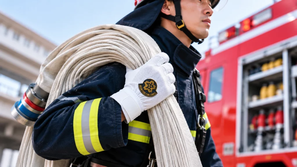 ホースを背負う消防団員と消防車
